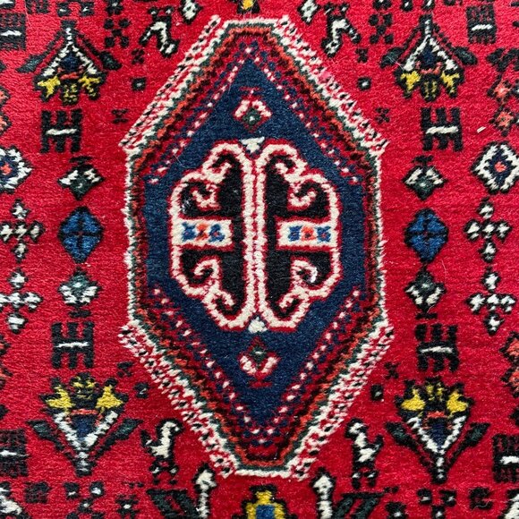 Vintage Persian Wool Area Rug Carpet Handmade Red Blue Geometric Fringe - Picture 5 of 10
